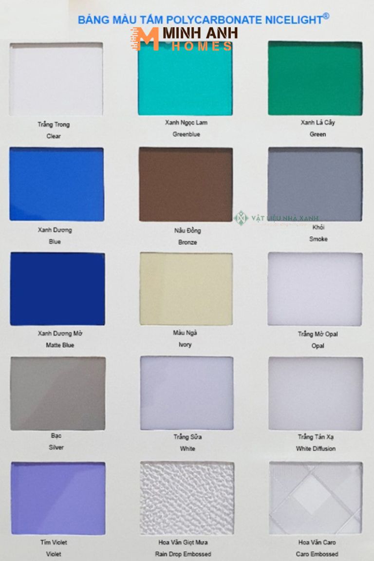 Bảng màu tấm Polycarbonate của Đức