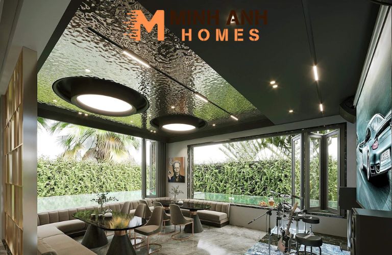 Hình ảnh tấm Inox sóng nước được dùng để ốp trần nhà