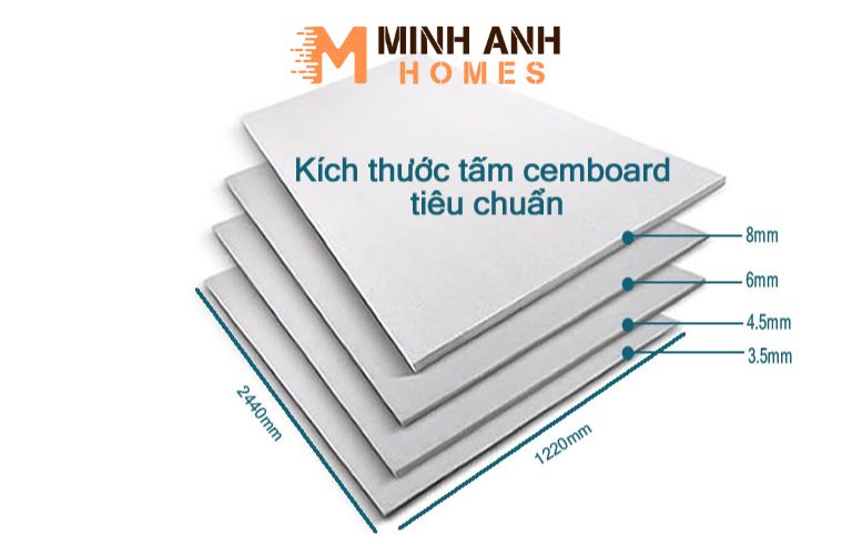 Tấm Cemboard có nhiều độ dày và kích thước tiêu chuẩn là 1220x2440mm